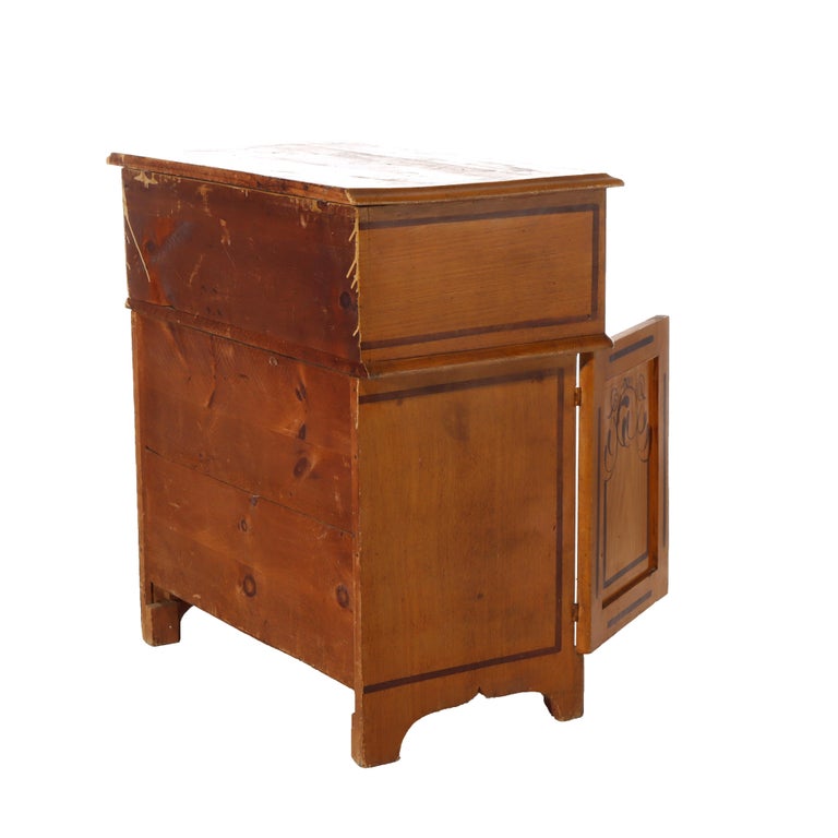 Antique Faux Painted Chestnut Lift Top 2-Door Stenciled Commode c1890