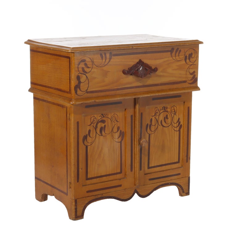 Antique Faux Painted Chestnut Lift Top 2-Door Stenciled Commode c1890