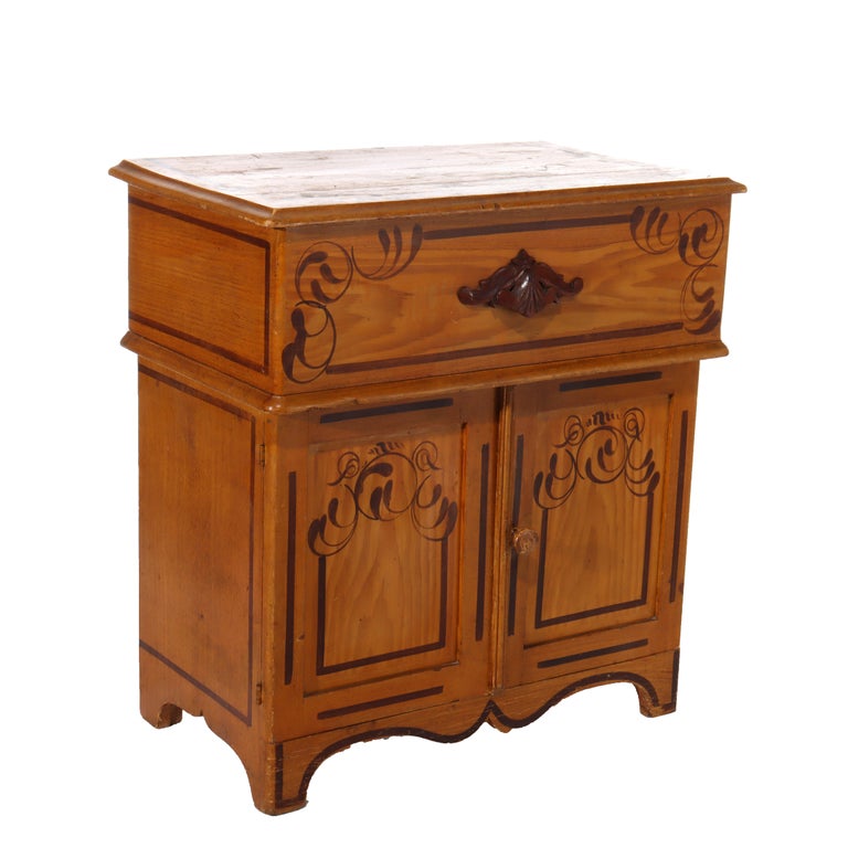 Antique Faux Painted Chestnut Lift Top 2-Door Stenciled Commode c1890