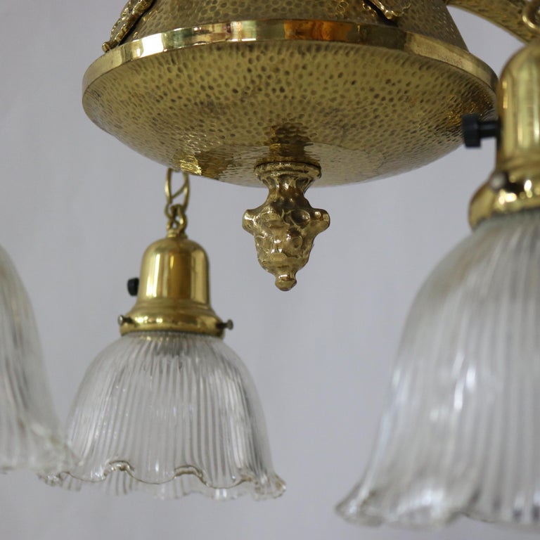 Antique Arts & Crafts Hammered Brass Chandelier with Glass Shades C1920