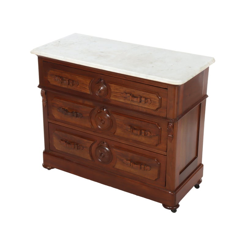 Antique Walnut 3-Drawer Marble Top Chest With Carved Medallions & Pulls c1890