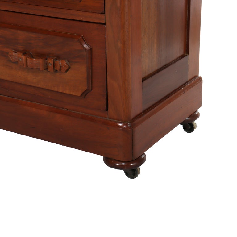 Antique Walnut 3-Drawer Marble Top Chest With Carved Medallions & Pulls c1890