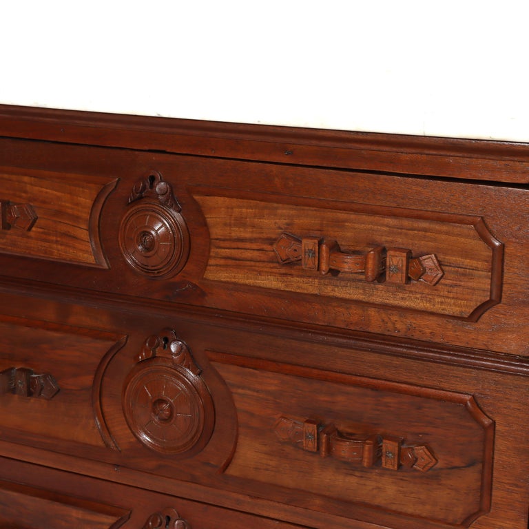 Antique Walnut 3-Drawer Marble Top Chest With Carved Medallions & Pulls c1890