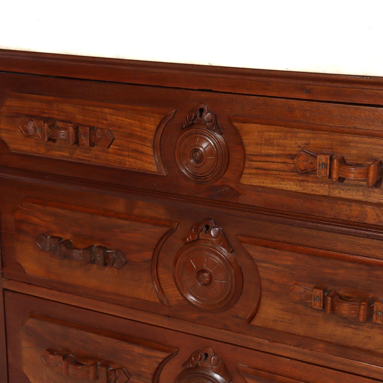 Antique Walnut 3-Drawer Marble Top Chest With Carved Medallions & Pulls c1890