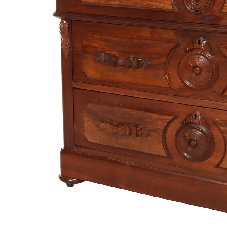 Antique Walnut 3-Drawer Marble Top Chest With Carved Medallions & Pulls c1890