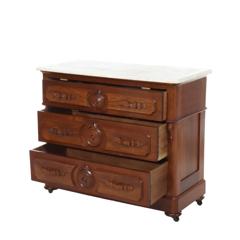 Antique Walnut 3-Drawer Marble Top Chest With Carved Medallions & Pulls c1890