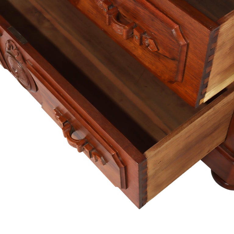 Antique Walnut 3-Drawer Marble Top Chest With Carved Medallions & Pulls c1890