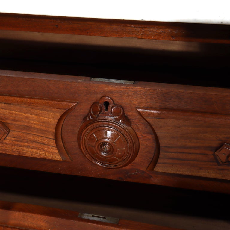 Antique Walnut 3-Drawer Marble Top Chest With Carved Medallions & Pulls c1890