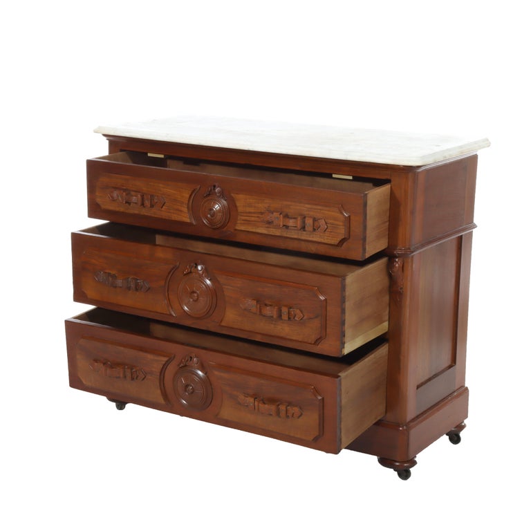 Antique Walnut 3-Drawer Marble Top Chest With Carved Medallions & Pulls c1890