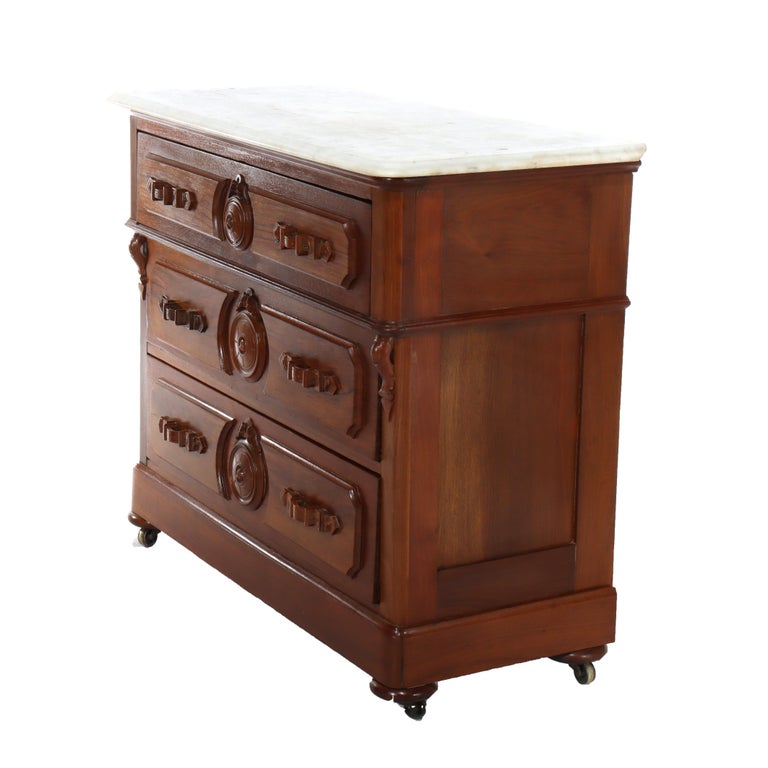 Antique Walnut 3-Drawer Marble Top Chest With Carved Medallions & Pulls c1890