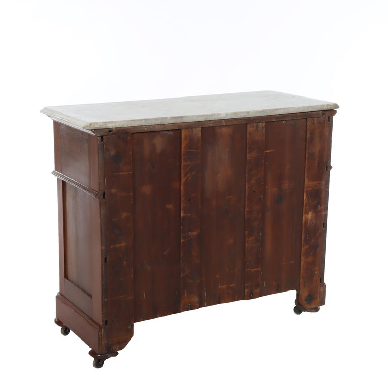 Antique Walnut 3-Drawer Marble Top Chest With Carved Medallions & Pulls c1890
