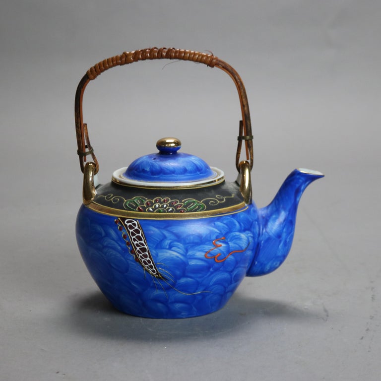 Antique Asian Hand Painted Porcelain Teapot with Dragon, Signed, C1920