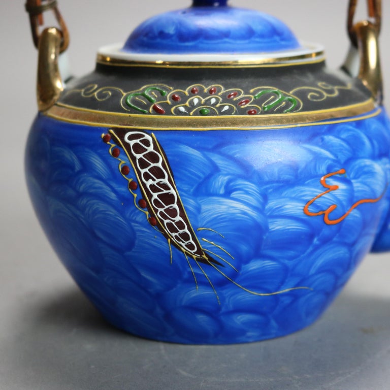 Antique Asian Hand Painted Porcelain Teapot with Dragon, Signed, C1920