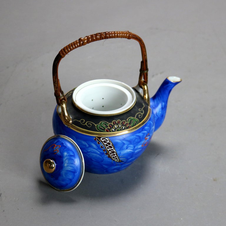Antique Asian Hand Painted Porcelain Teapot with Dragon, Signed, C1920