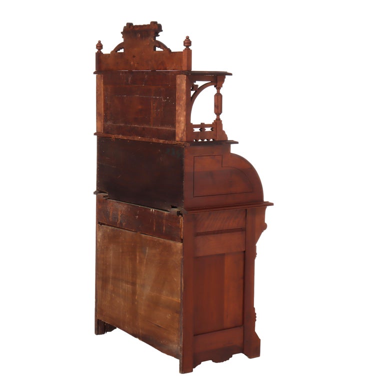 Antique Eastlake Walnut Cylinder Roll Top Paneled Secretary Desk c1890