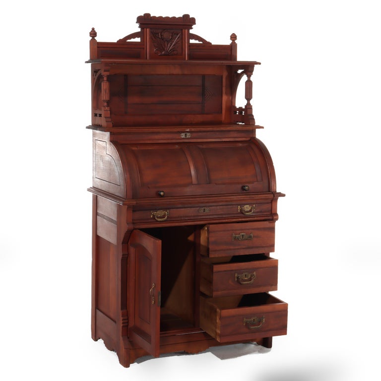 Antique Eastlake Walnut Cylinder Roll Top Paneled Secretary Desk c1890