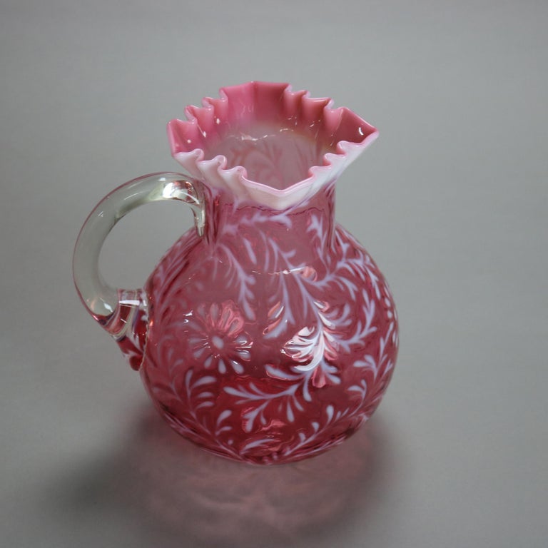 Antique Victorian Cranberry and Opalescent Glass Pitcher with Ruffled Rim C1900