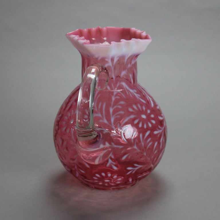 Antique Victorian Cranberry and Opalescent Glass Pitcher with Ruffled Rim C1900