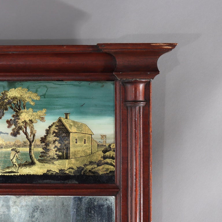 Antique Federal Mahogany Veneer Mirror With Englomise Landscape Panel c1830