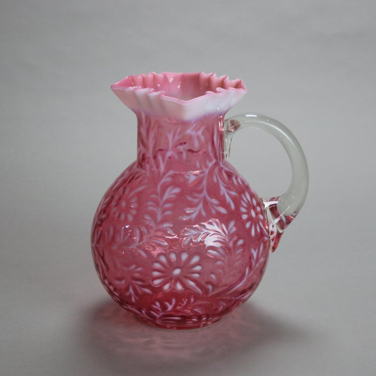 Antique Victorian Cranberry and Opalescent Glass Pitcher with Ruffled Rim C1900
