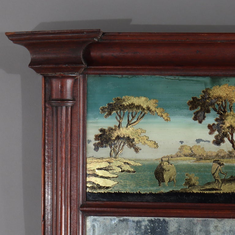 Antique Federal Mahogany Veneer Mirror With Englomise Landscape Panel c1830