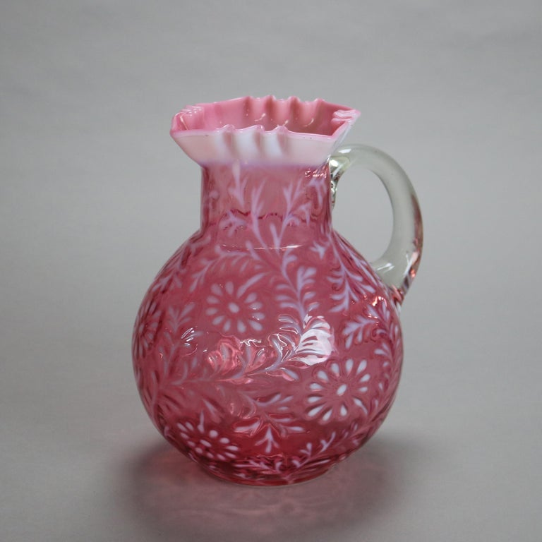 Antique Victorian Cranberry and Opalescent Glass Pitcher with Ruffled Rim C1900
