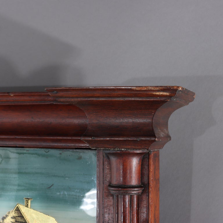Antique Federal Mahogany Veneer Mirror With Englomise Landscape Panel c1830