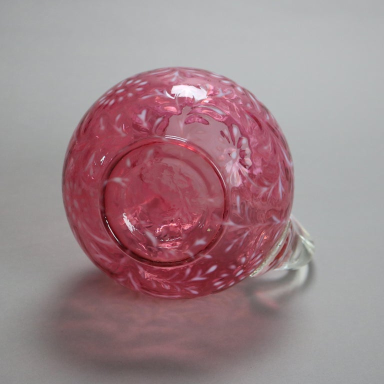 Antique Victorian Cranberry and Opalescent Glass Pitcher with Ruffled Rim C1900