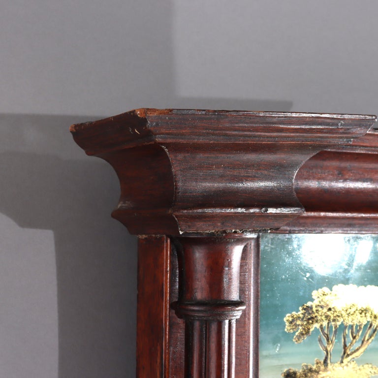 Antique Federal Mahogany Veneer Mirror With Englomise Landscape Panel c1830