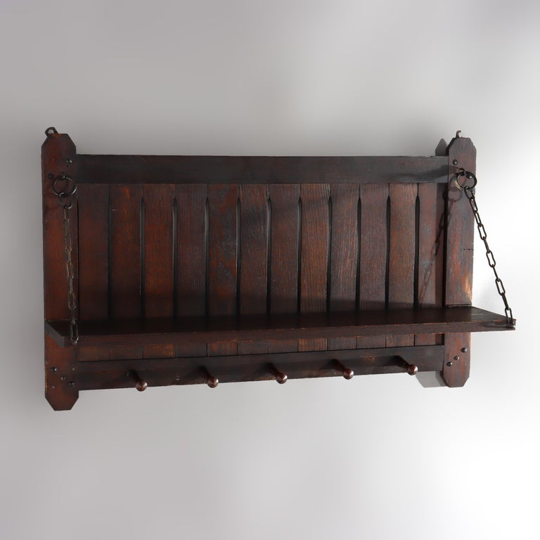 Antique Arts & Crafts Mission Oak Hat Rack With Shelf C1910