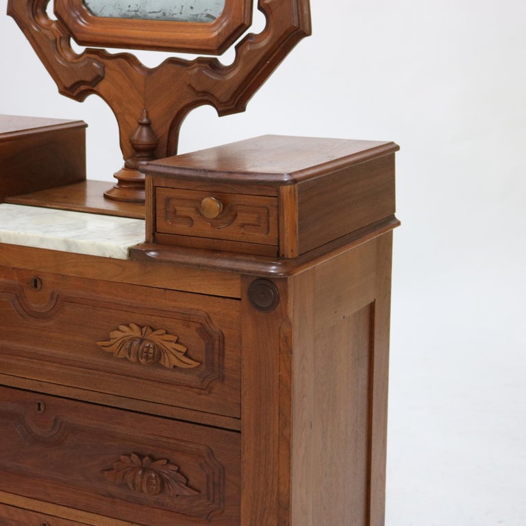 Antique Victorian Carved Walnut Marble Top Dresser with Mirror C1890