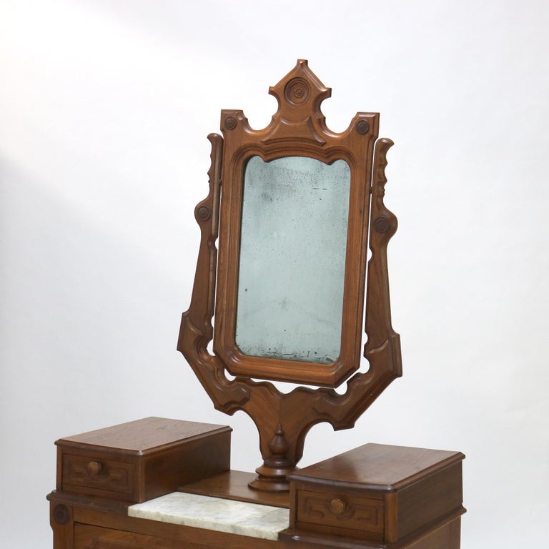 Antique Victorian Carved Walnut Marble Top Dresser with Mirror C1890