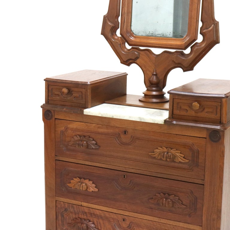 Antique Victorian Carved Walnut Marble Top Dresser with Mirror C1890