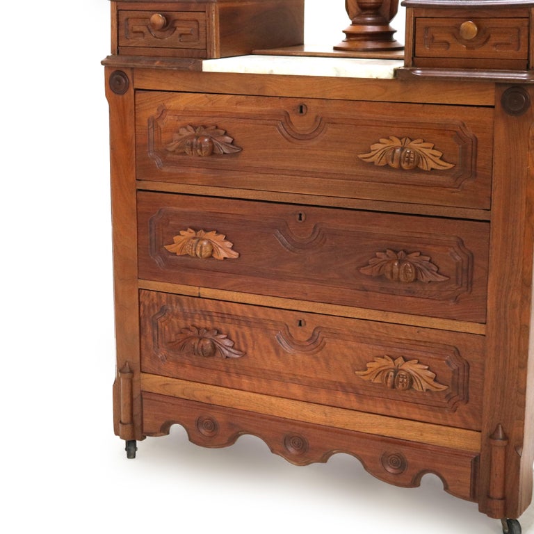 Antique Victorian Carved Walnut Marble Top Dresser with Mirror C1890