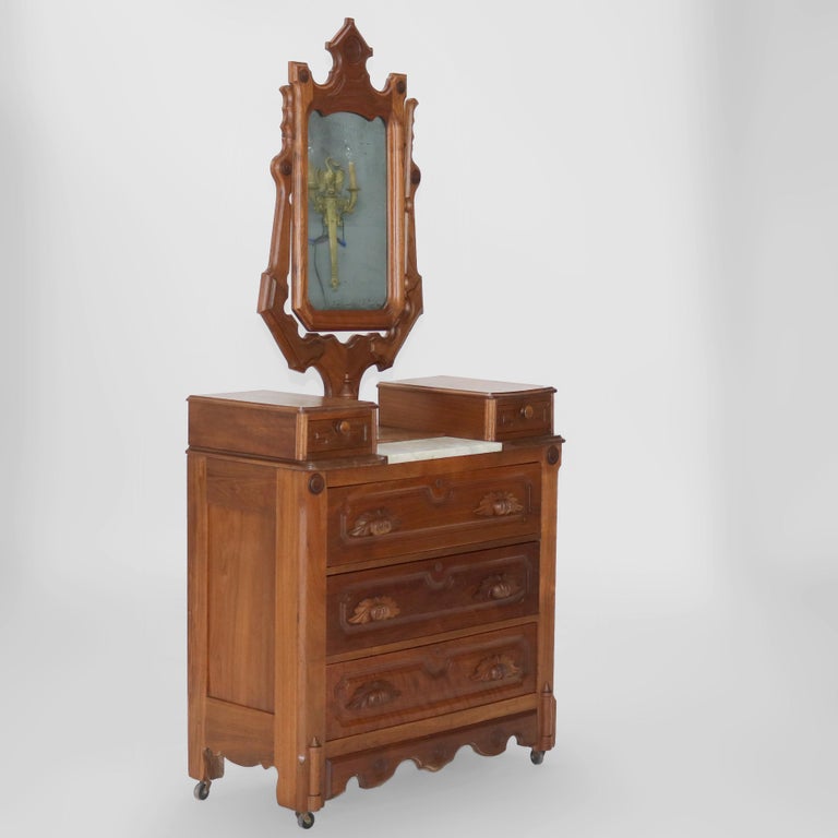 Antique Victorian Carved Walnut Marble Top Dresser with Mirror C1890