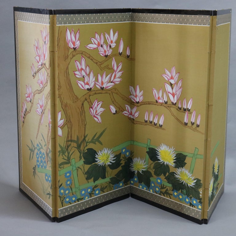 Chinese Floral Decorated and Ebonized Folding Table Screen 20th C