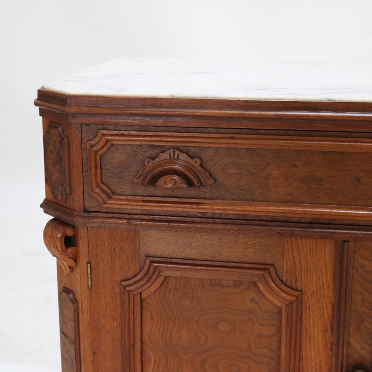 Victorian Carved Walnut & Burl Marble Top Commode C1890