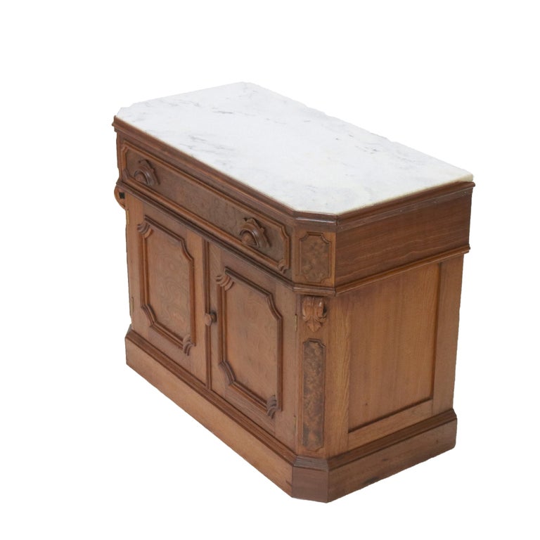 Victorian Carved Walnut & Burl Marble Top Commode C1890