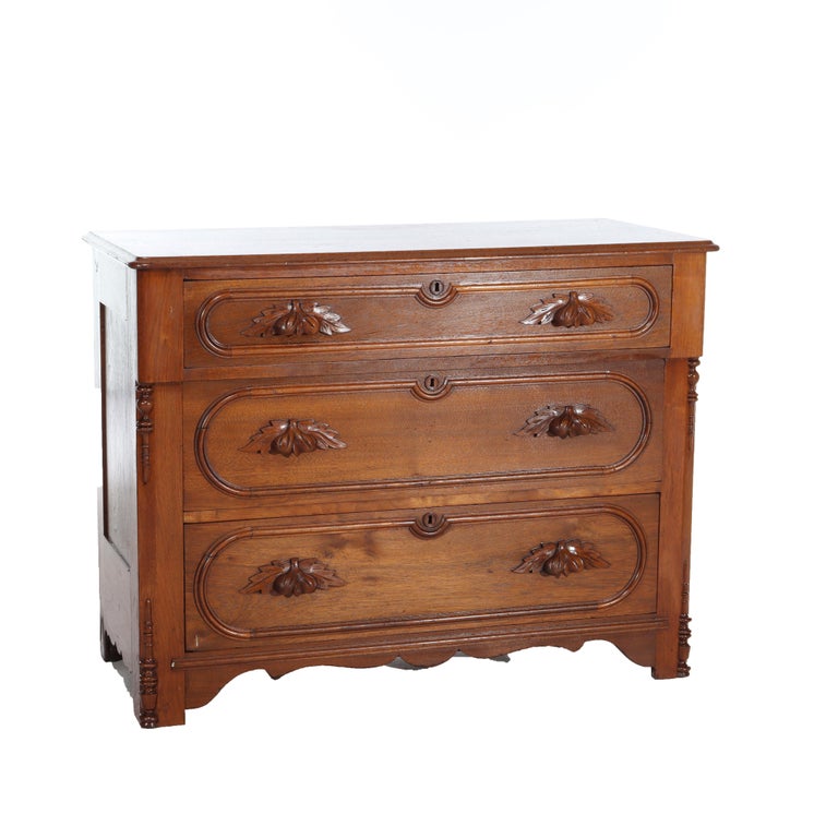 Antique Victorian Walnut 3-Drawer Chest With Carved Pulls C1890