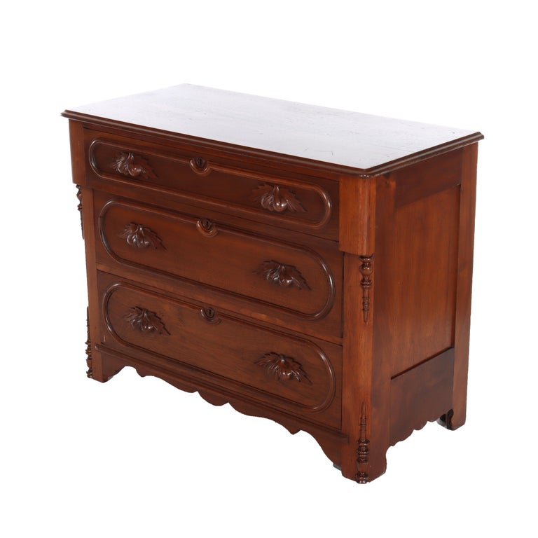 Antique Victorian Walnut 3-Drawer Chest With Carved Pulls C1890