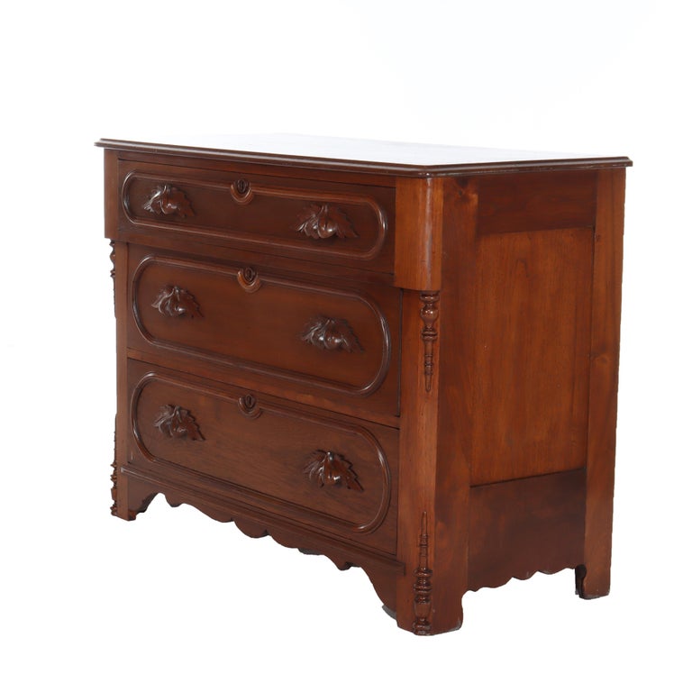 Antique Victorian Walnut 3-Drawer Chest With Carved Pulls C1890