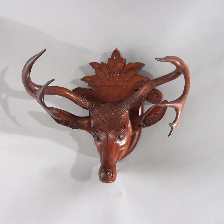 Antique Black Forest Carved Walnut Stag Head C1890