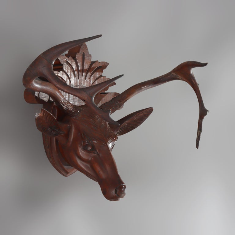 Antique Black Forest Carved Walnut Stag Head C1890