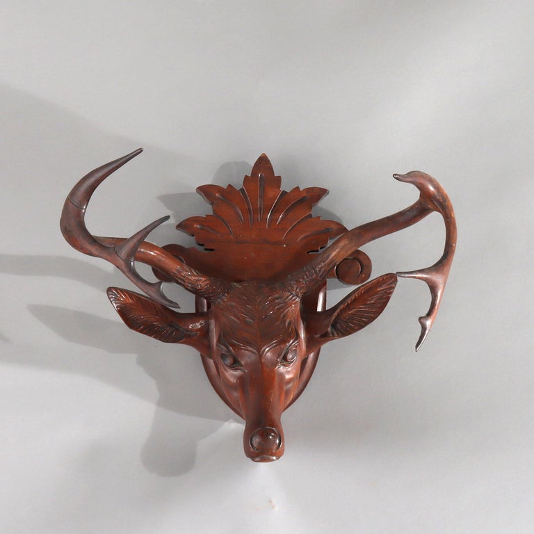 Antique Black Forest Carved Walnut Stag Head C1890