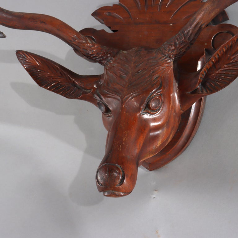 Antique Black Forest Carved Walnut Stag Head C1890