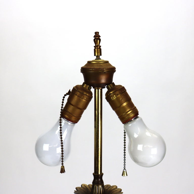 Vintage Tiffany School Leaded Stained Glass Floral Table Lamp 20thC