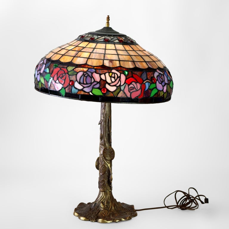 Vintage Tiffany School Leaded Stained Glass Floral Table Lamp 20thC