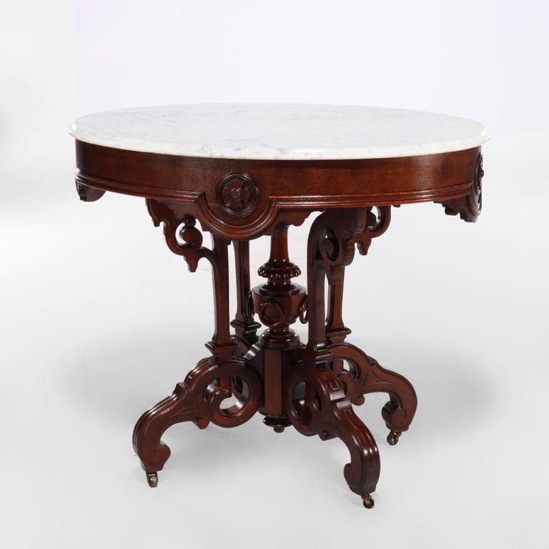 Brooks Renaissance Revival Carved Walnut, Rosewood and Marble Parlor Table c1890