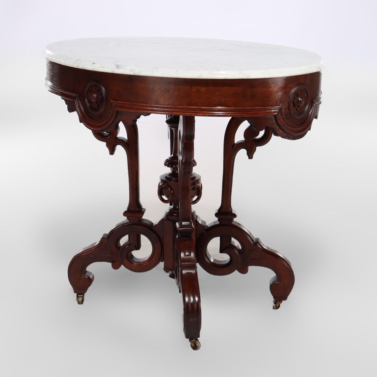 Brooks Renaissance Revival Carved Walnut, Rosewood and Marble Parlor Table c1890