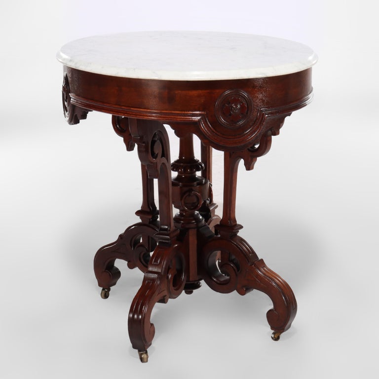 Brooks Renaissance Revival Carved Walnut, Rosewood and Marble Parlor Table c1890